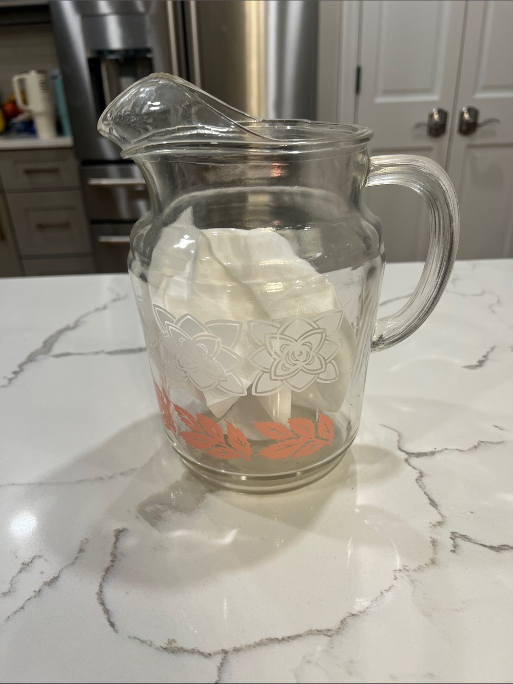 Vintage 1950’s Federal glass pitcher MCM floral leaves pattern w ice lip